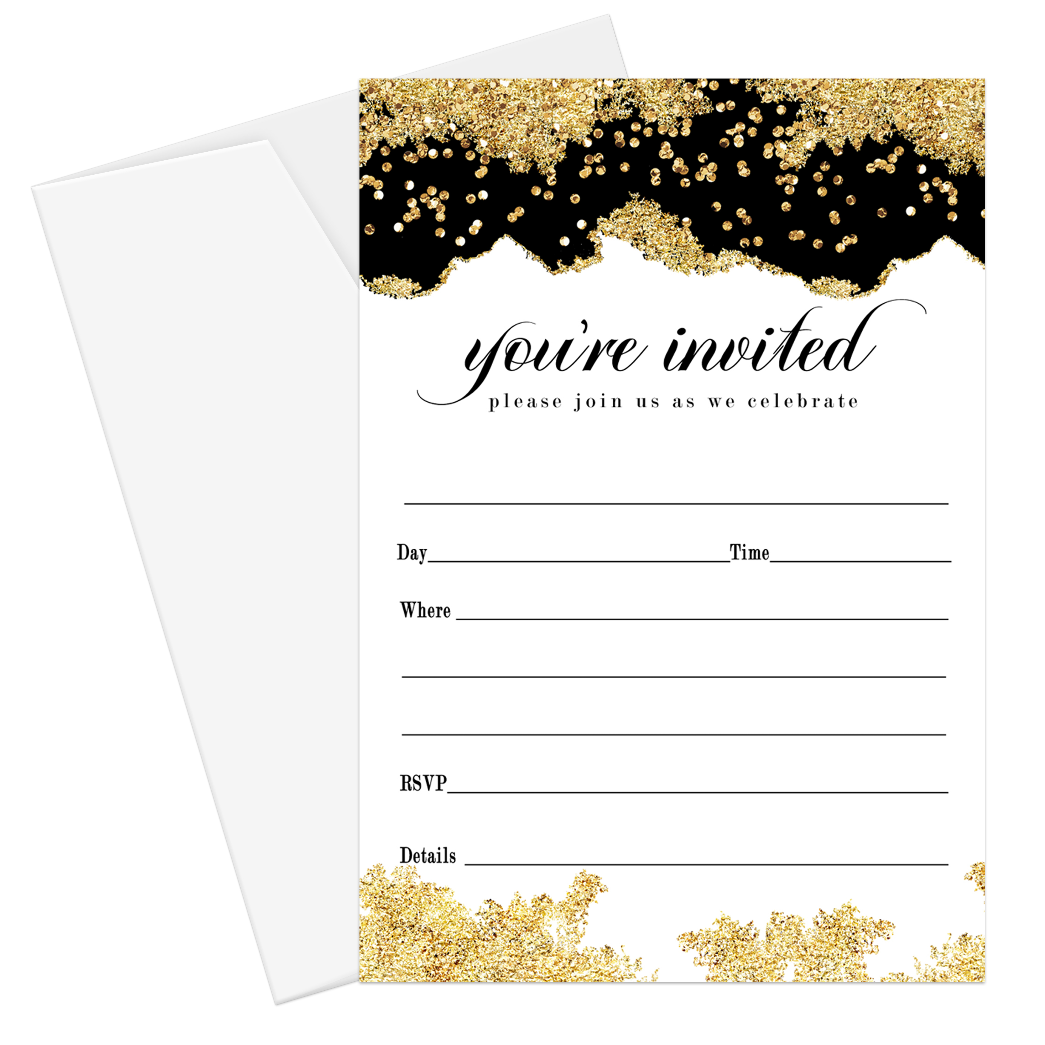 Gold and Black Invitations and Envelopes Pack of 25 Fill In Blank Invites for Graduation Retirement Birthday Baby Shower Engagement Elegant Events Modern Abstract Theme Paper Clever Party