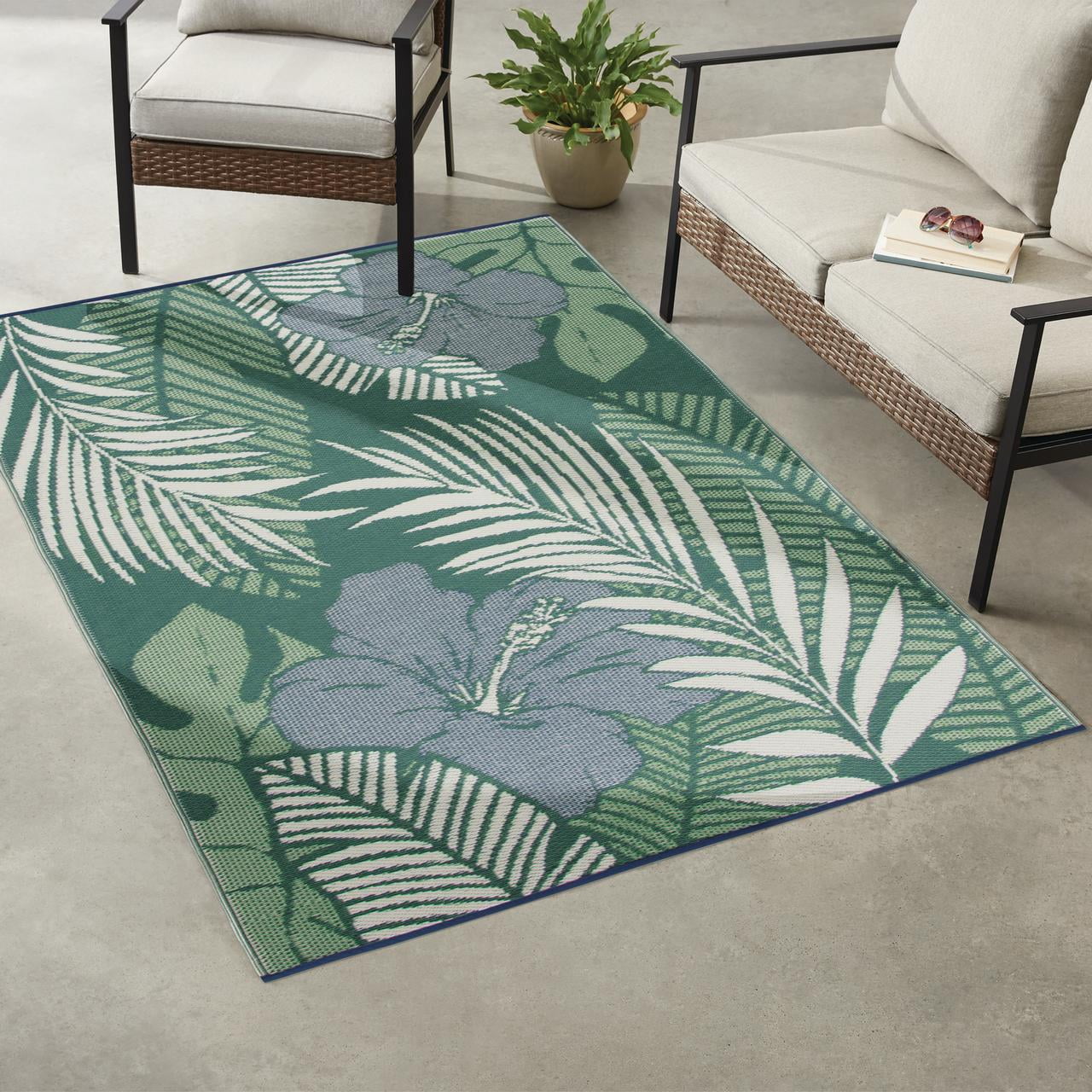 Mainstays Outdoor Rug, Blue/Green Palm, 5 ft x 7 ft