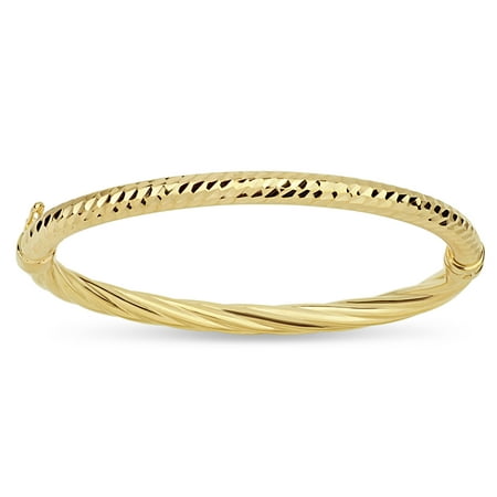 18k Gold Over Sterling Silver 5mm Half Double Diamond Cut And Half Twist Hinged Bangle