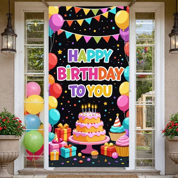 Colorful Banner Cartoon Style Birthday Party Banner Balloon Decor Cake Pattern Celebration Banner for Birthday Party Kids Birthday Photo Prop