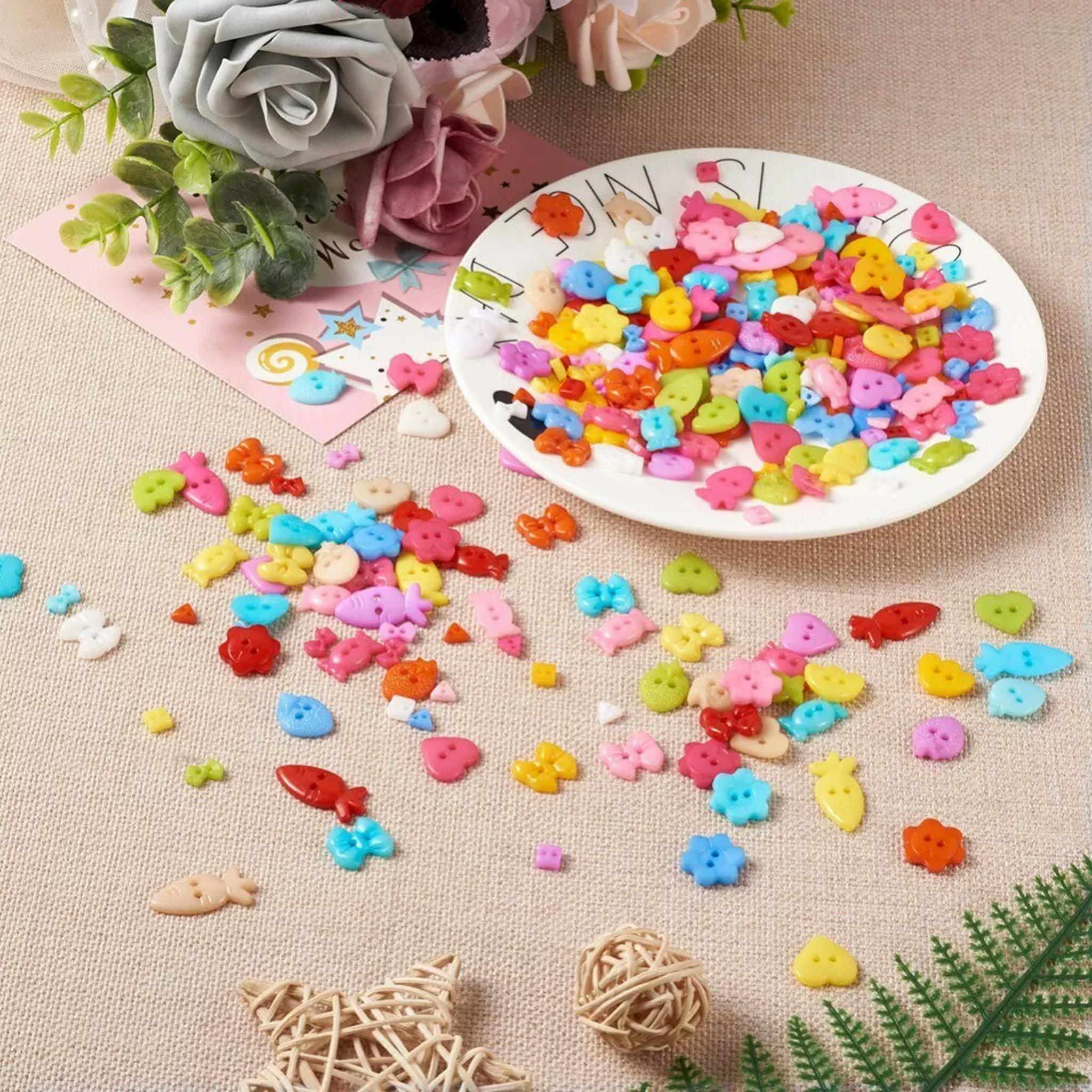U8MO 500pc 2-hole Plastic Buttons Cute Flower Bowknot Heart Sewing Buttons 5.5~24.5mm