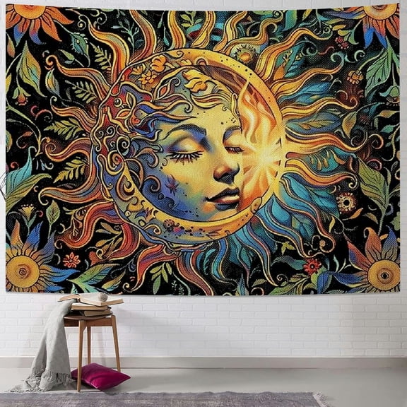 PRATYUS Sun and Moon Tapestry Psychedelic Mystic Floral Tapestry Hippie Boho Flower Plants Wall Tapestry Vintage Aesthetic Tapestry Wall Hanging for Bedroom Painting