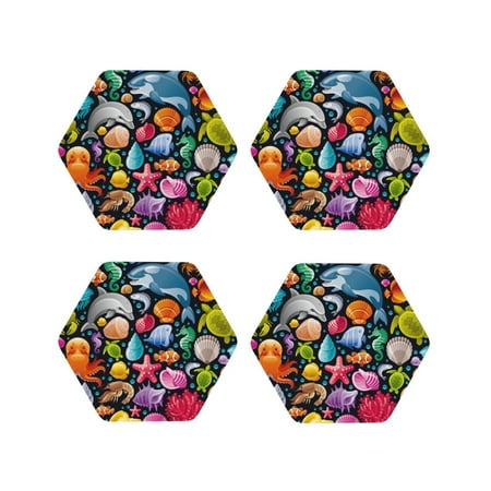 

Junzan Underwater Diving Animals Print Coasters for Drinks - Leather Coasters Set of 4 for Coffee Table for Housewarming/Kitchen/Bar/Decor-Hexagon