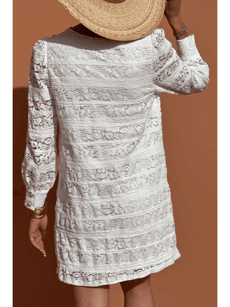 Lace Crochet Round Neck Puff Sleeve Shift Mini Dress - Sunny Angela White / S