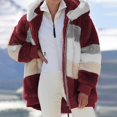 thumbnail image 3 of Women's Fashion Splicing Winter Loose Plush Long Sleeve Zipper Pocket Hooded Coat for Cold Weather and Casual Outings,Wine,2XL, 3 of 8