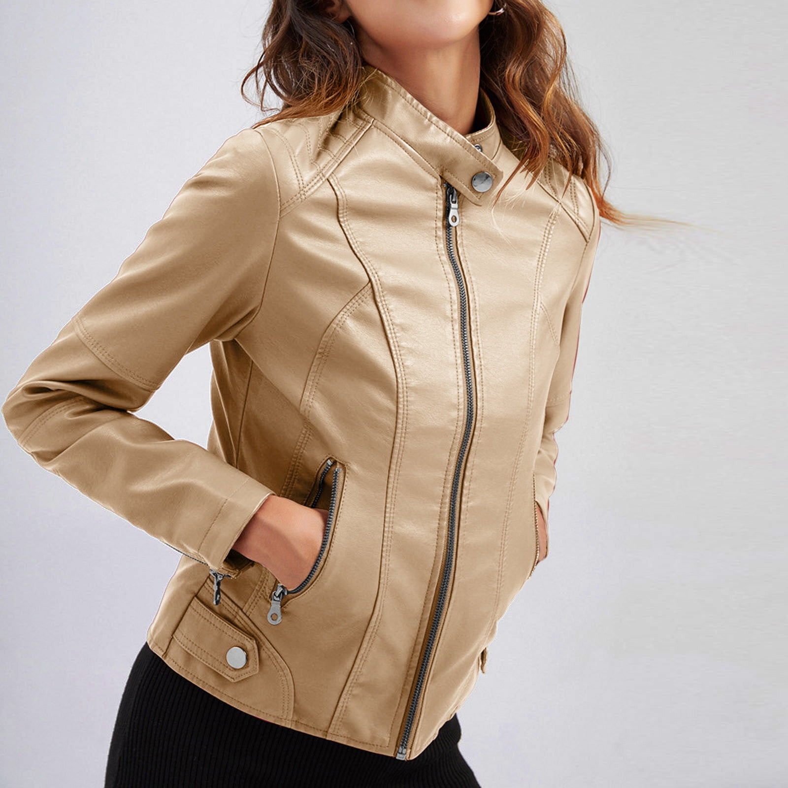 Faux Leather Blazer Jacket for Women One-button Notch Collar Long Sleeve Regular-fit Office Work Fashion Suit Coat (4X-Large, Beige)