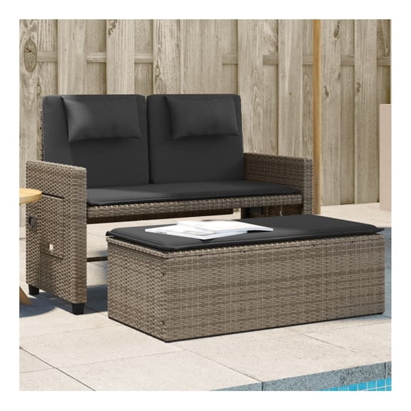 Garden Rattan Daybed with Cushions - Grey Outdoor Reclining Lounger - Adjustable Patio Furniture for 2 People - Foldable Steel Frame