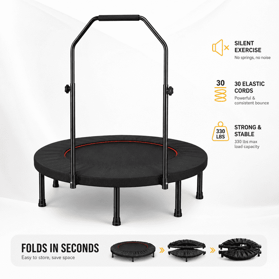 CZBZ 40" Fitness Rebounder Trampoline for Adults, Foldable Mini Exercise Trampoline with 30 Silent Bungee Cords, 3-Level Adjustable Handle, Heavy Duty 330 LBS Capacity Indoor Cardio Workout Equipment