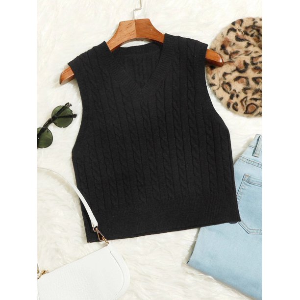 Hotian Women Cable Knit Sweater Vest V Neck Pullover Black S