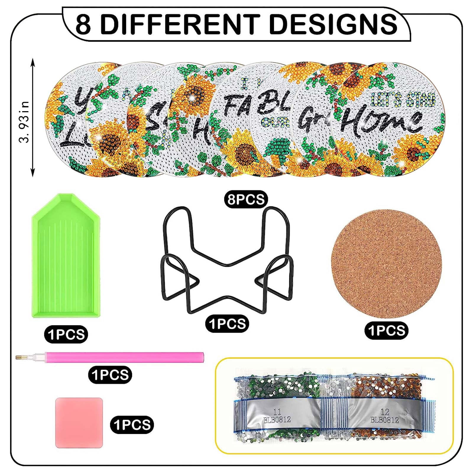 Junepar 3.9" 8Pcs Sunflower Diamond Painting Coasters Kit DIY 5D Diamond Art Cup Mat Set with Cork Backs & Tools for Adults & Kids