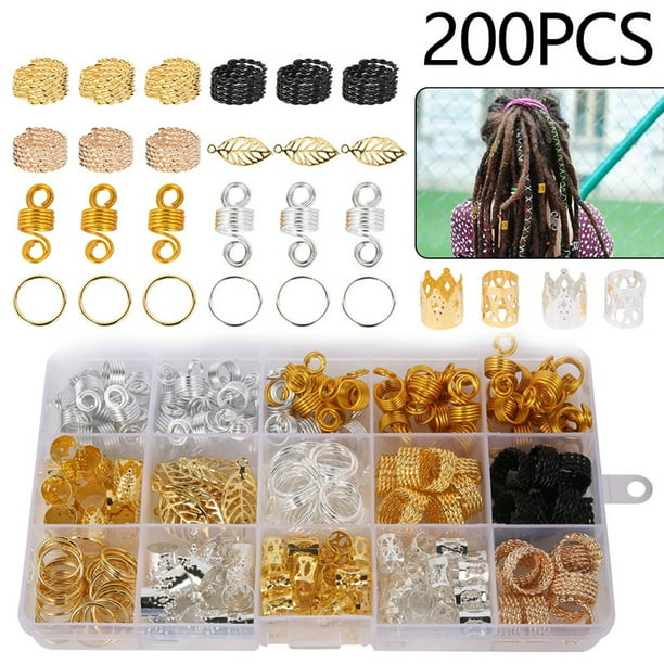 ODOMY 200Pcs/box Metal Hair Cuffs Hair Braiding Bead Metal Sheets Ring Braid  Dreadlocks Beads Clips with Storage Box 