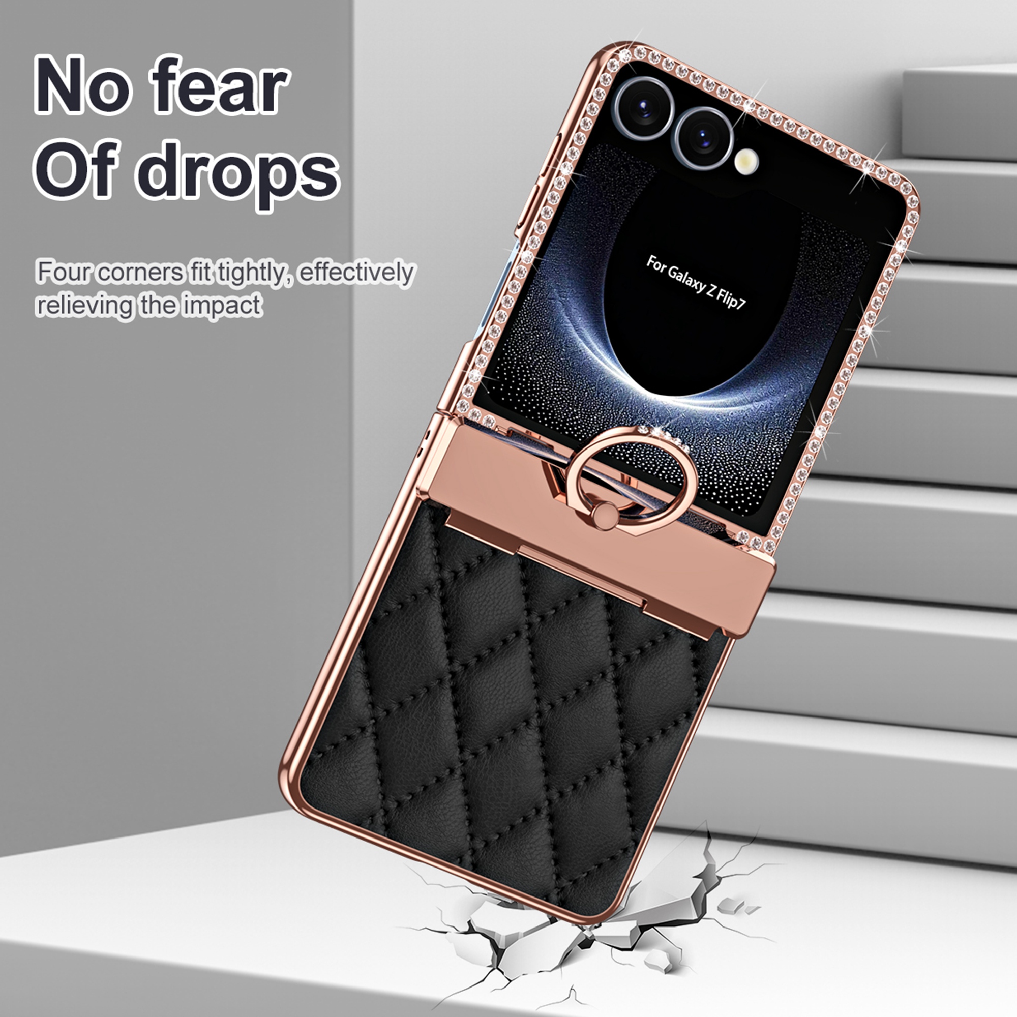 Dteck Diamond Case for Samsung Galaxy Z Flip 7 with Hinge Protection and Ring Holder, Luxury Sparkly Plating Shockproof Phone Cover with Screen Protector for Galaxy Z Flip 7,Black