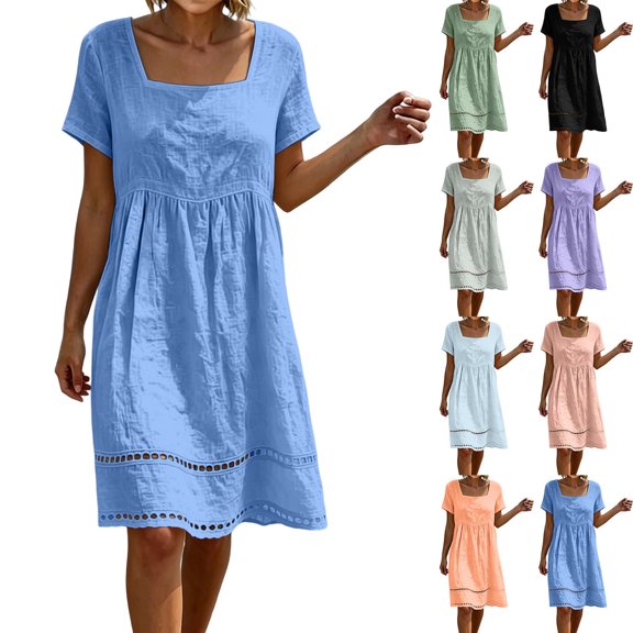 2026 Summer Dress for Women Cotton Linen Square Neck Short Sleeves Eyelet Hem Knee-Length Dress