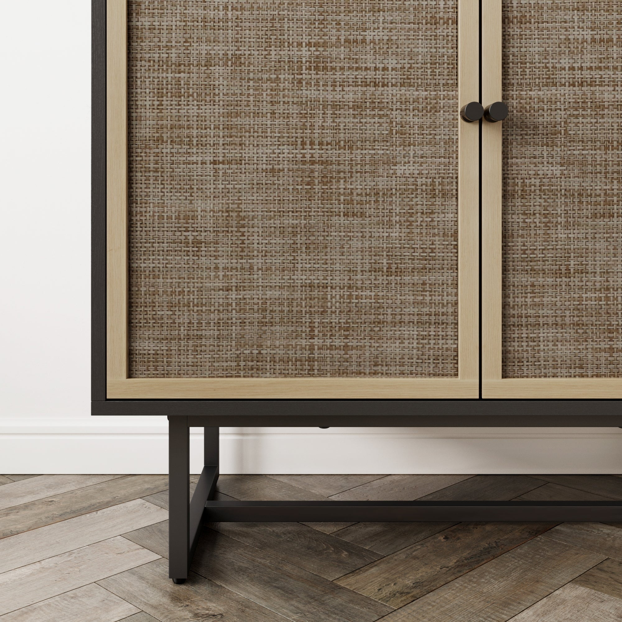 Nathan James Kova Cane Rattan Doors Accent Cabinet with Black Metal Base and Adjustable Shelf