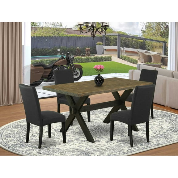 East West Furniture X676DR124-5 5-Piece Dining Room Table Set- 4 Mid Century Dining Chairs with Black Linen Fabric Seat and Stylish Chair Back - Rectangular Table Top & Wooden Cross Legs - Distressed
