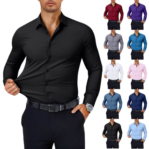 Men's Long Sleeve Shirts Solid Color Stretch Button Up Shirt Casual Shirts for Men Classic Collared Tops Blue L