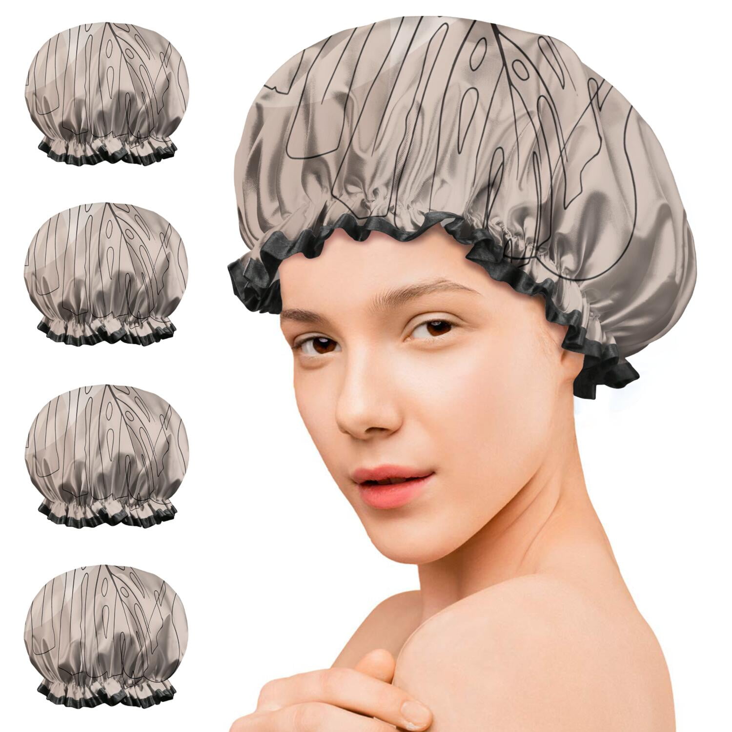Shower Caps,Brown Boho Line Art Plant Pattern Waterproof Shower Cap for Women 4 Pieces,Double Reusable Hair Cover for Shower PEVA Elastic Stretch Hem