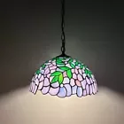 12-Light Purple Stained Glass Pendant Lights with Green Leaves Glass for Dining Room, Hotel, Restaurant, Cafe