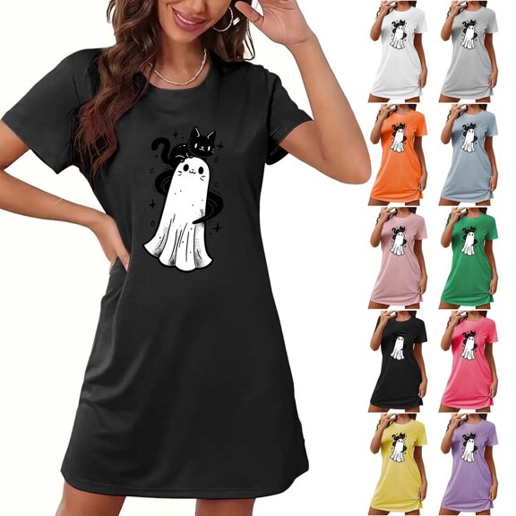 Aboser Halloween Nightshirts for Women Short Sleeve Sleepwear Funny Printing Short Nightgown Casual Crew Neck Loungewear Comfy Soft Holiday Sleepdress