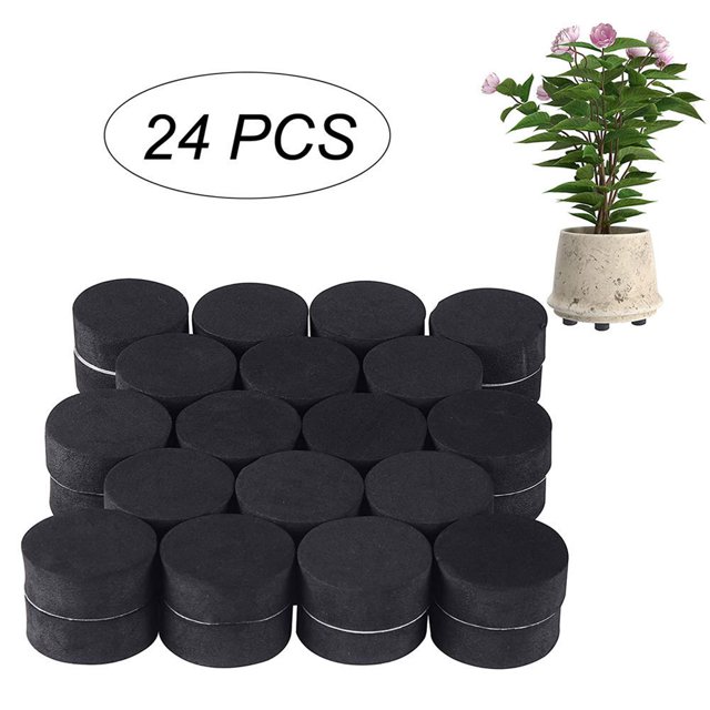 soporte invisible para macetas jm paquete de 24 patas de goma negras para elevar plantas set de 24 patas cilíndricas de goma blanco según especificación del producto en arreglo frontal en cuadrícula; cada pieza tiene perfil redondo y banda central reflectante; ejemplo muestra maceta elevada sobre cuatro patas; suelen usarse también para elevar muebles pequeños y mejorar drenaje.