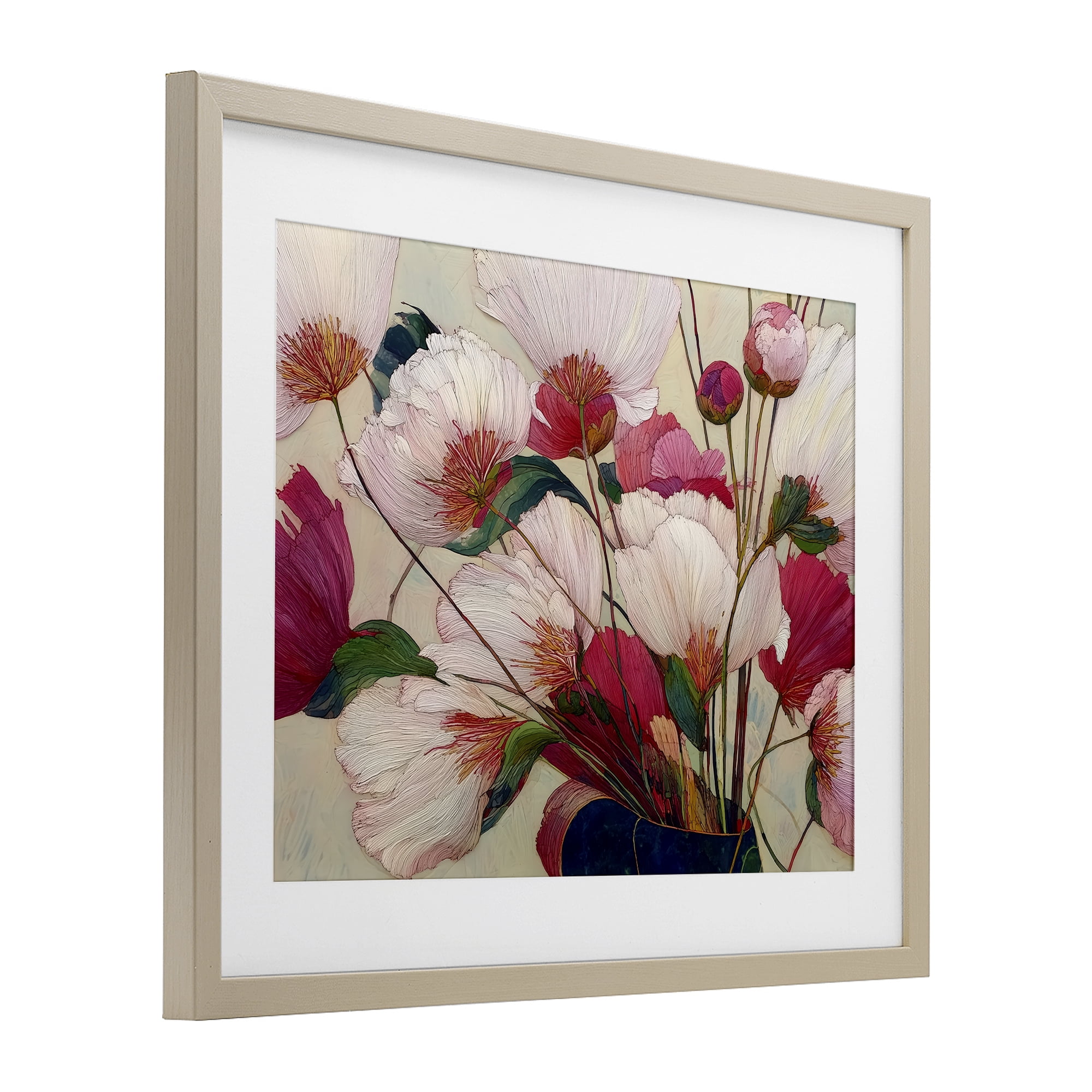 Lush Haiku Pink & White Flowers Birch Framed Print Under Glass, design by Annabelle Hall