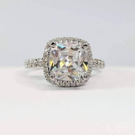 - ON SALE - Regina 3CT Cushion Cut Halo IOBI Cultured Diamond Ring 4.5 / Platinum