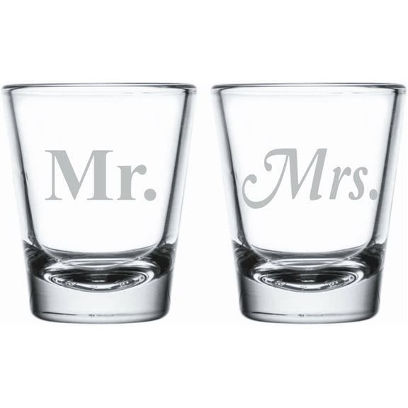 C&M Personal Gifts 1.75 oz Mr and Mrs Shot Glass Set of 2 - Gift for Couples, Bridal, Engagement and Weddings