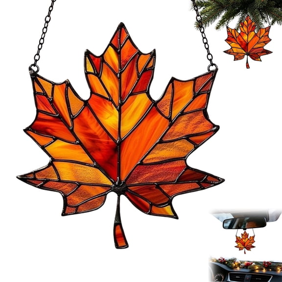 2D Acrylic Maple Leaf Suncatcher Tree Ornaments,Stained Glass Maple Leaf Style Waterproof Fall Decoration ,Faux Stained Glass Maple Leaf Suncatcher Ornament for Thanksgiving Autumn Home Wall Decor