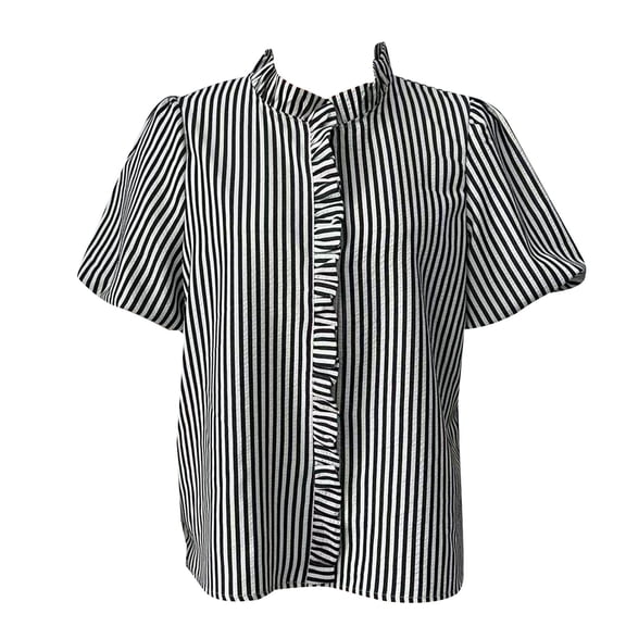 QASIEATN Ladies' Puff Sleeve Button Up Tops Summer Striped Stand Up Collar Fashionable Casual Loose Short Sleeved T Shirt