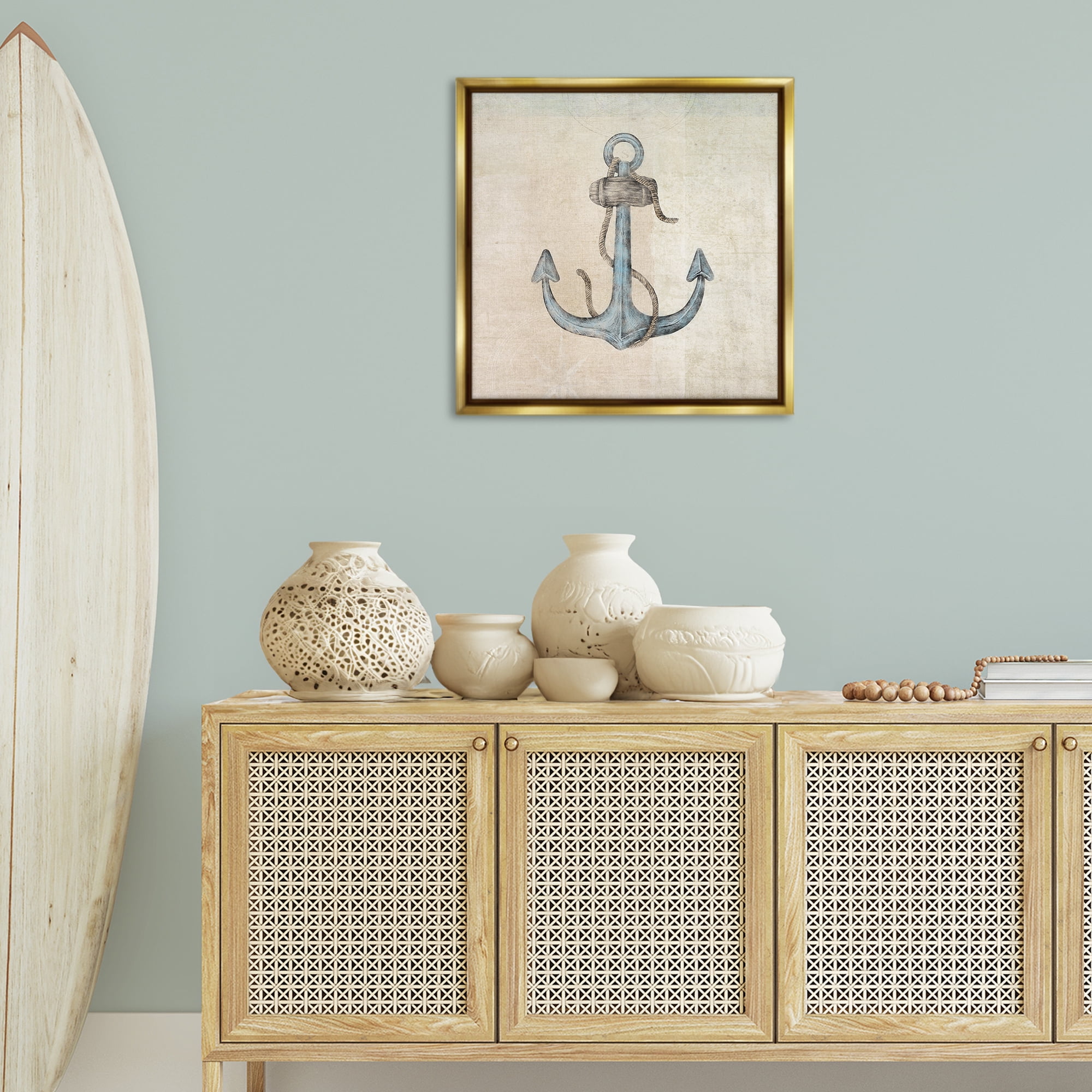 Stupell Industries Rustic Maritime Anchor Nautical & Beach Painting Gold Floater Framed Canvas Art Print Wall Art, 25 x 25