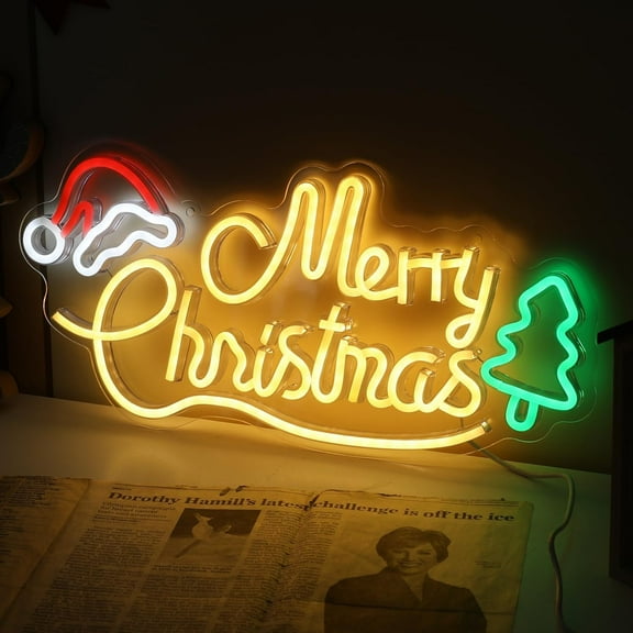 Merry Christmas Neon Signs, 16.7*7.9Inch LED Christmas Lights with Xmas Tree and Santa Hat for Wall, Window, Party, Bar, Pub, Club, Kids Bedroom Decorations and Gifts