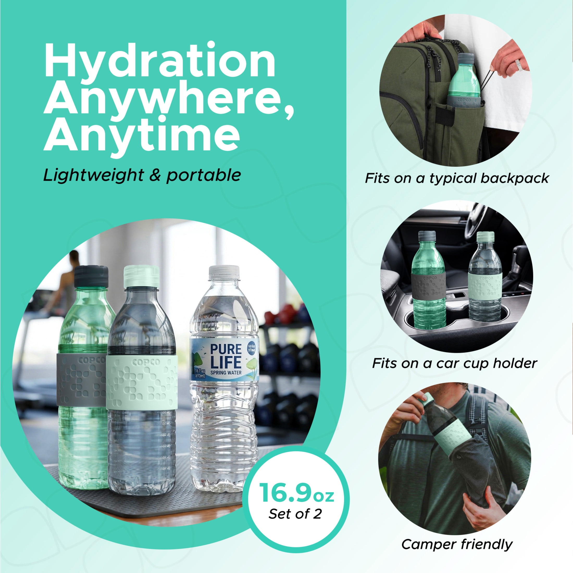 Copco Hydra 16.9 oz Water Bottle, Set of 2 - Light Blue & Gray, Blue/Gray