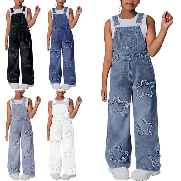 Teylalorva Girl's Pants Star Print Denim Wide Leg Overalls Adjustable Straps Loose Casual Fashion Jumpsuit Pants(6-13) Blue Size 6
