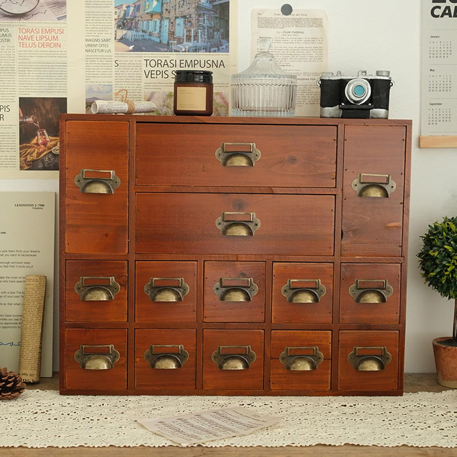 14 Drawers Apothecary Drawers Card Catalog Cabinet,Wooden Storage Box with Drawers,Library Card Catalog Cabinet for Desktop Organizer,Brown