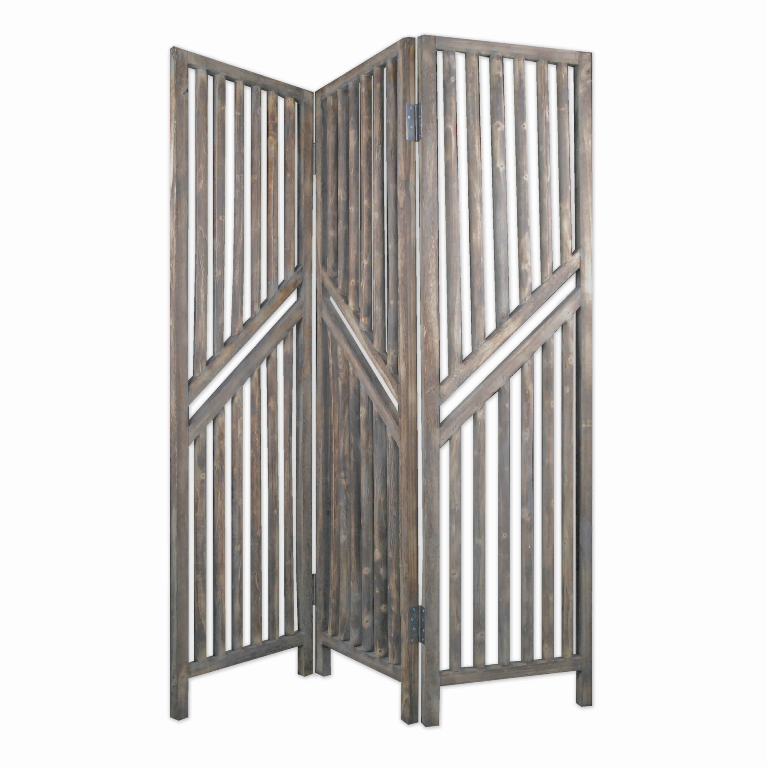 Traditional Slatted 3 Panel Wooden Room Divider, Weathered Brown