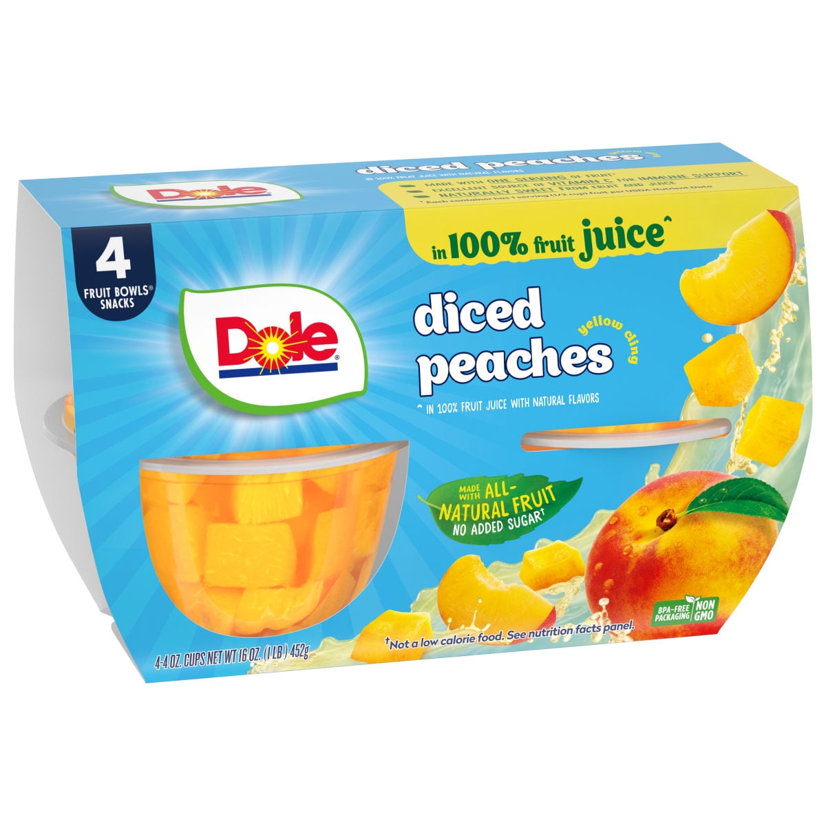 (4 pack) Dole Fruit Bowls Diced Peaches in 100% Fruit Juice, 4 oz Cups (4 Pack)
