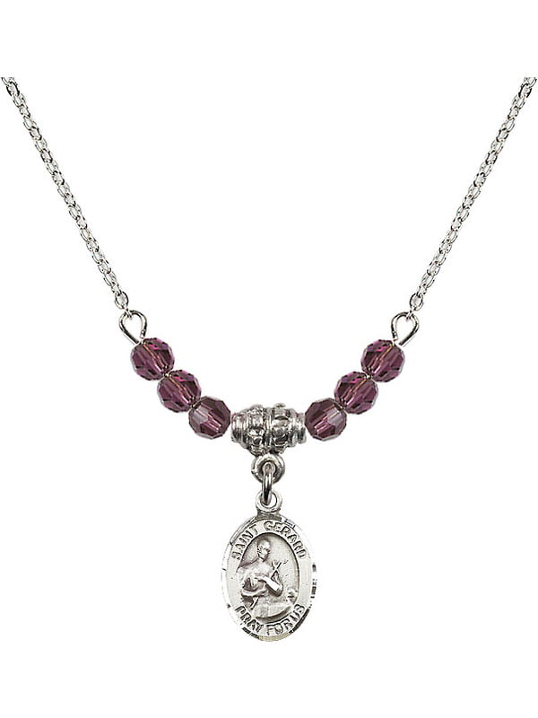 Bonyak Jewelry 18 Inch Rhodium Plated Necklace w/ 4mm Purple February Birth Month Stone Beads and Saint Gerard Majella Charm 