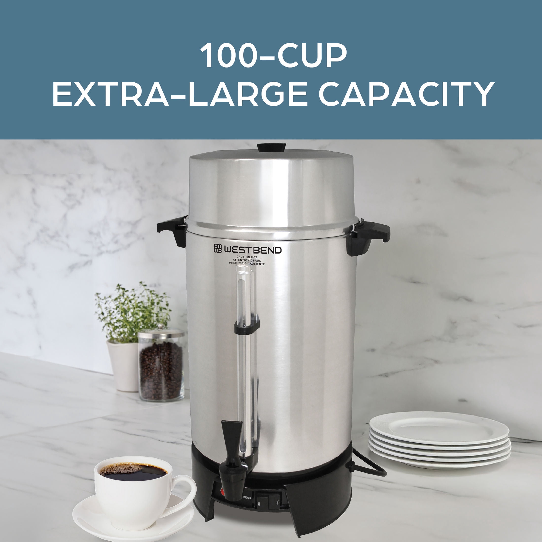 West Bend Coffee Urn Large Capacity Coffee Maker with Automatic Temperature Control, 100 Cup, in Silver