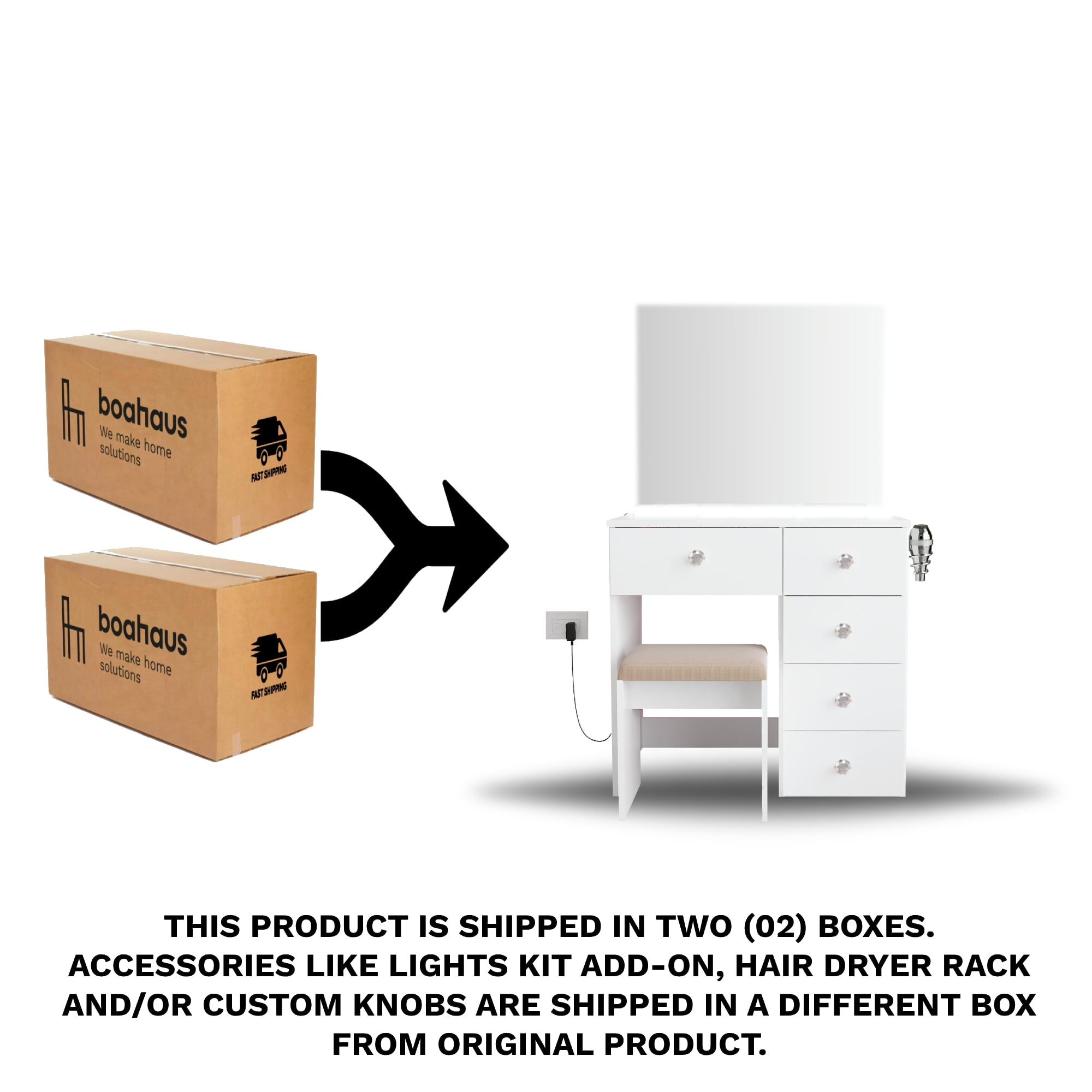 Ember Interiors Small Vanity Makeup Desk with LED Lights, Chair, Crystal Knobs, White