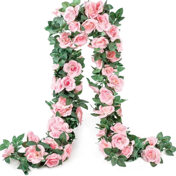 Pakyozj 2 Pack 16FT Artificial Rose Garland Vine - Silk Fake Rose Flower Hanging Vine for Wedding Arch Home Wall Decor Valentine's Day Mother's Day Derby Day Party Decoration