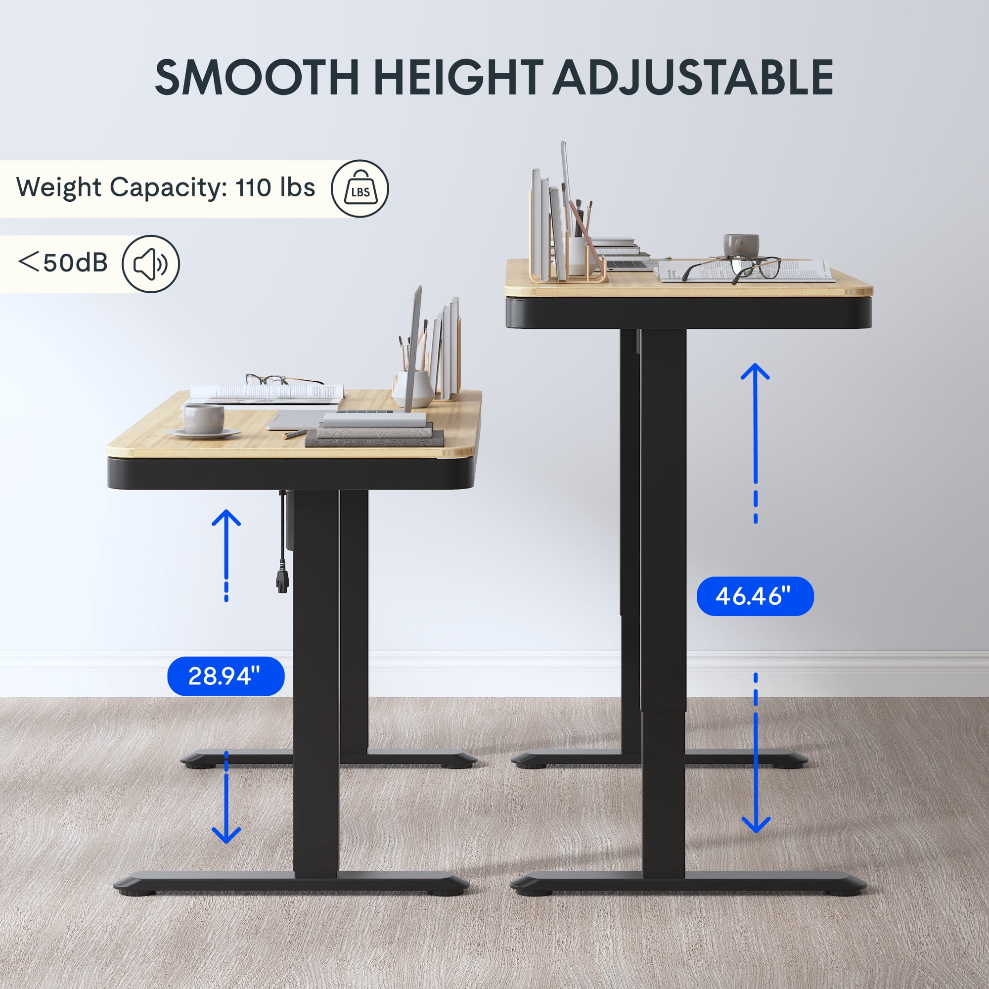 FLEXISPOT 48"x24" Black Home Office Height Adjustable Standing Desk Bamboo Texture Top with USB Charge Ports