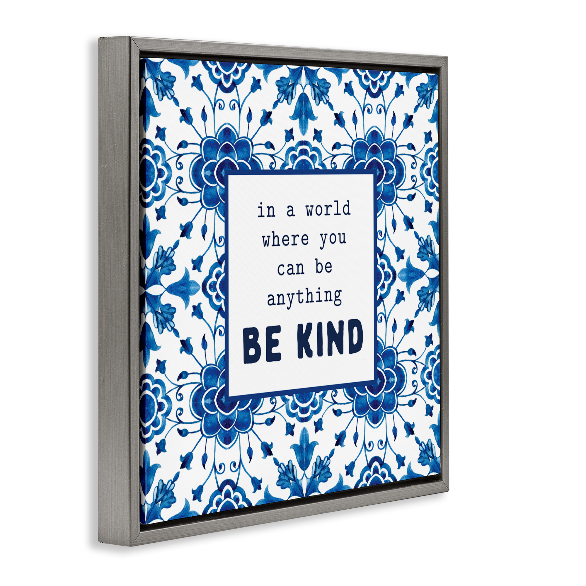 Patterned Be Kind Encouragement Gray Framed Floater Canvas Wall Art, design by Lettered and Lined