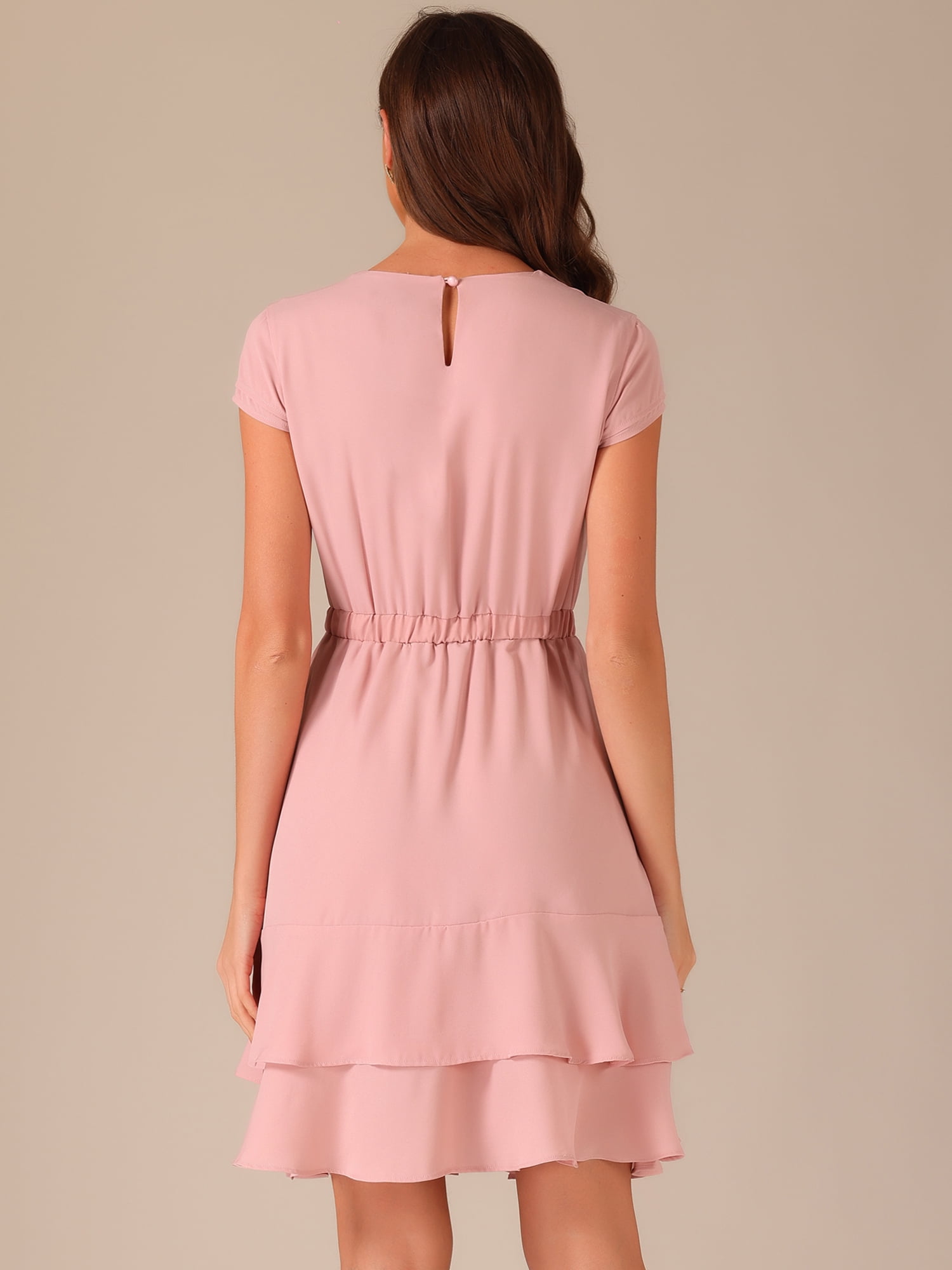 DARING DIVA Women's Crew Neck Cap Sleeve A-Line Layered Ruffled Mid-Length Dress M Pink