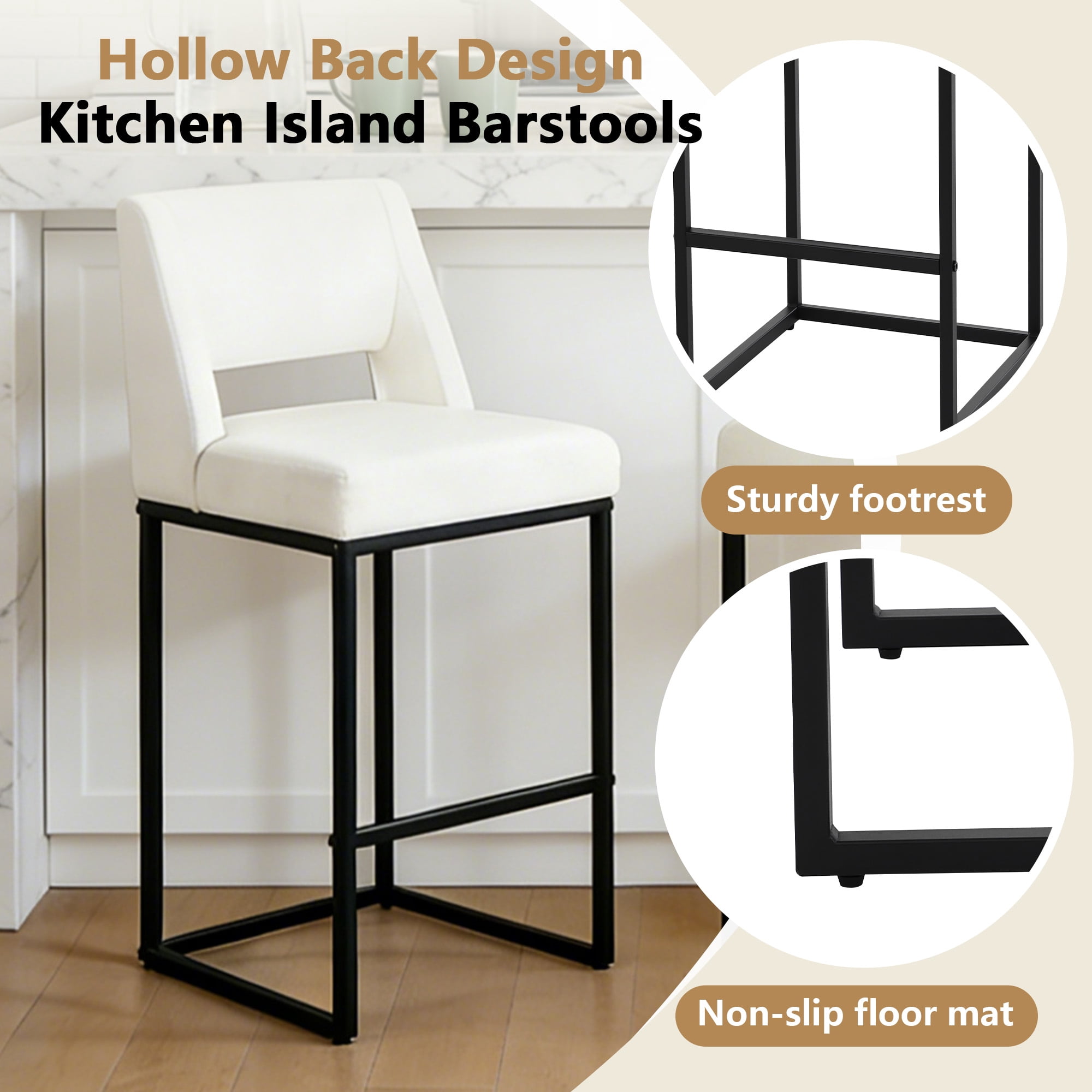 ClinQ Counter Height Bar Stools Set of 1, Hollow Back Kitchen Island Barstools, Upholstered Faux Leather Counter Stools with Metal Frame, Beige
