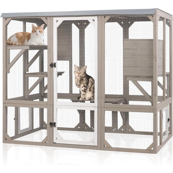 PETSCOSSET Wooden Catio Outdoor Cat Enclosure with Window Access, Weather-Resistant Roof, Gray