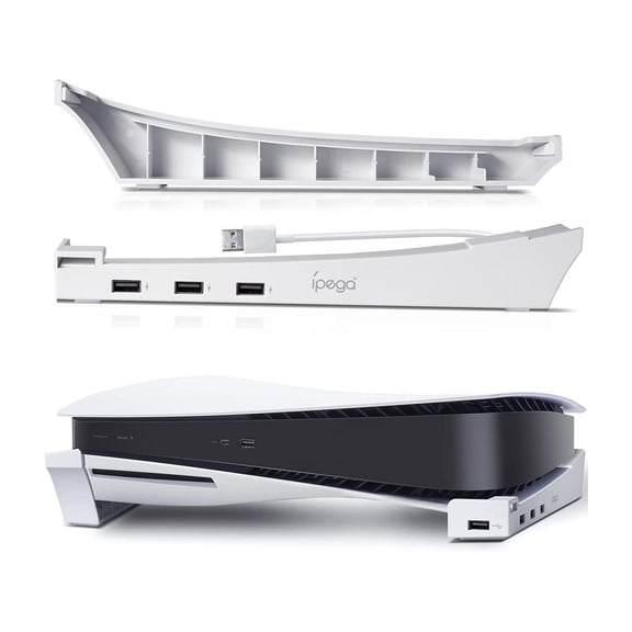 Horizontal Stand for PS5 with 4 USB Extension, Cabinet Console Laydown Holder with Charging Data USB Hub For Playstation 5 Disc & Digital Edition Console