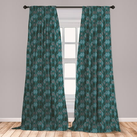 Teal Brown Room Ethnic Curtains 2 Panels Set, Striped Hand Drawn Pattern Based on a Traditional Ornament, Window Drapes for Living Room Bedroom, Teal Bluegrey Dark Brown, by Ambesonne ()