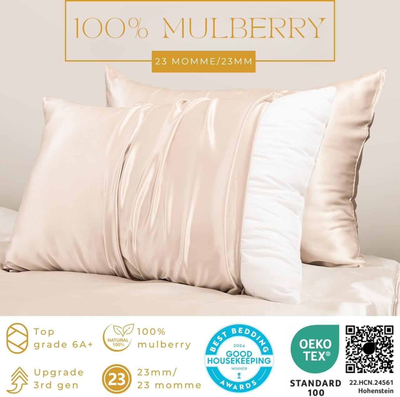 PROMEED 23 Momme Silk Pillowcase 2 Pack with Zipper, 3rd Gen Grade 6A+ 100% Mulberry Silk Pillow Case Set of 2, Cooling Pillow Cases for Hot Sleepers (Queen 20"x30", Champagne)