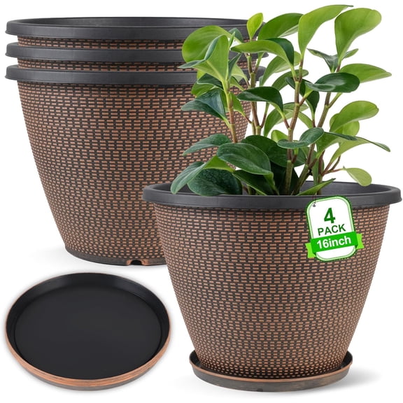 16 inch Plant Pots, Large Planters for Outdoor Plants Set of 4, Round Plastic Flower Pots with Drainage Holes & Trays, Modern Decorative Indoor Garden Pot, Plant Container for House (Black Copper)