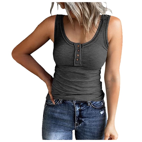 haizhen Ribbed Tank Tops for Women, 2026 Fitness Workout Henley Tee Shirts Summer Casual Button Down Sleeveless Going Out Tops Dark Gray, M